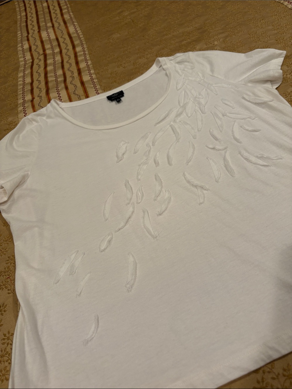 Talbots White Scoop Neck Short Sleeve Tee with Feather Appliqué, Pima Cotton, 1X